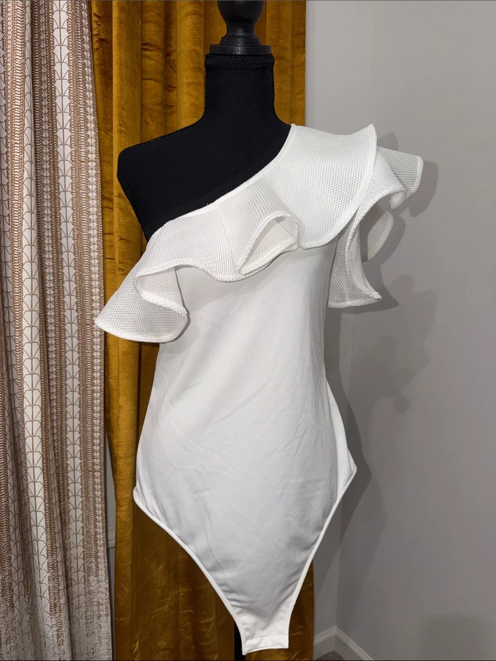 One-Shoulder White Ruffle Bodysuit - Picture 1 of 2
